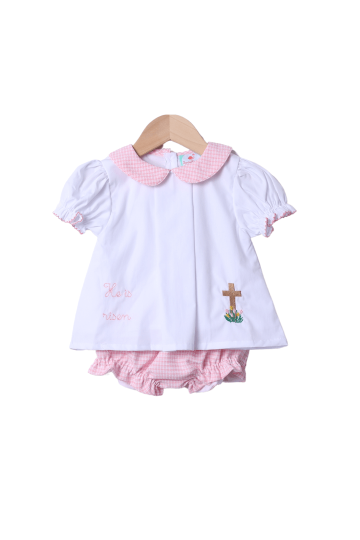 The Smocked Flamingo Apparel & Accessories He is Risen/Cross Pink Windowpane Bloomer Set