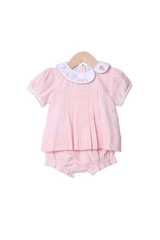 The Smocked Flamingo Apparel & Accessories He Is Risen Pink Linen Bloomer Set