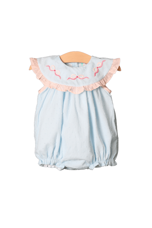 The Smocked Flamingo Apparel & Accessories Heirloom Blue Swiss Dot Hand Stitched Bow Bubble