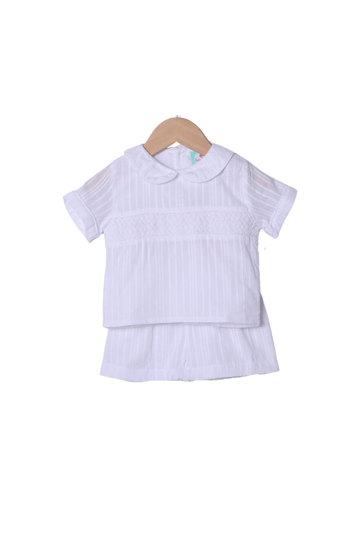 The Smocked Flamingo Apparel & Accessories Heirloom White Linen Smocked Short Set