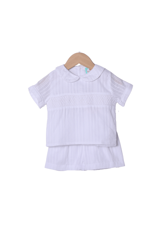 The Smocked Flamingo Apparel & Accessories Heirloom White Linen Smocked Short Set