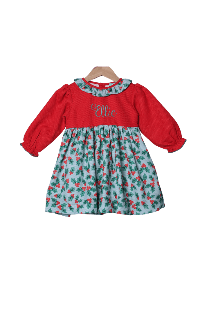 The Smocked Flamingo Apparel & Accessories Holiday Holly Honeycomb Ruffle Dress