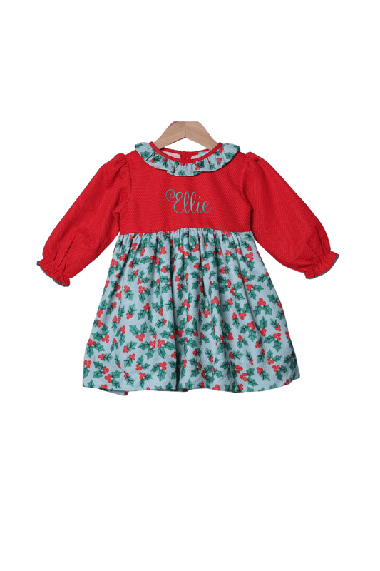 The Smocked Flamingo Apparel & Accessories Holiday Holly Honeycomb Ruffle Dress