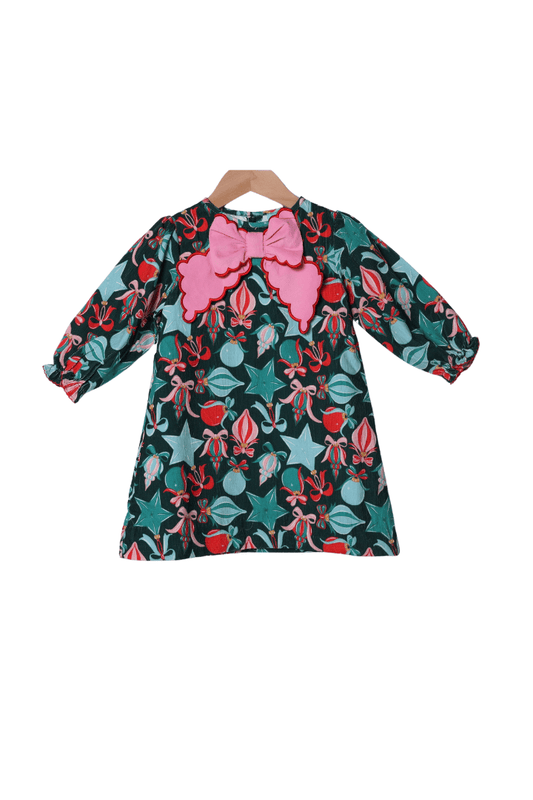 The Smocked Flamingo Apparel & Accessories Holiday Ornaments Corduroy Bow Dress