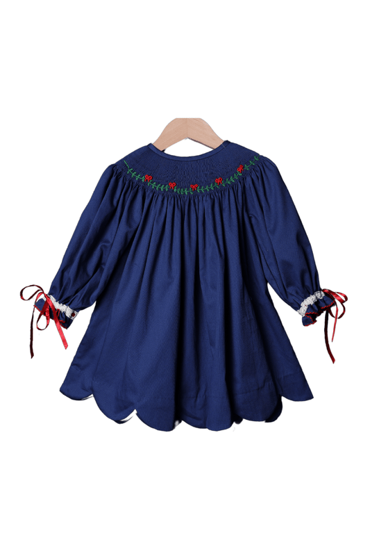 The Smocked Flamingo Apparel & Accessories Holly Bow Navy Pique Bishop Dress