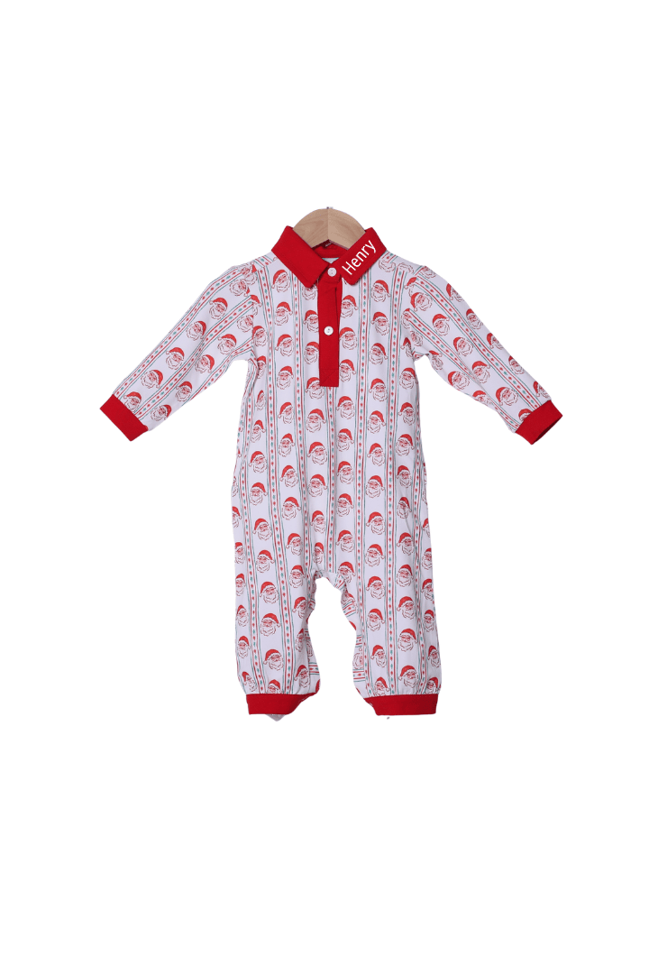 The Smocked Flamingo Apparel & Accessories Holly Jolly Santa Long Sleeve Polo Romper