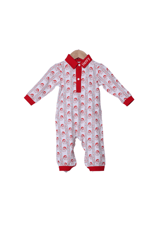 The Smocked Flamingo Apparel & Accessories Holly Jolly Santa Long Sleeve Polo Romper