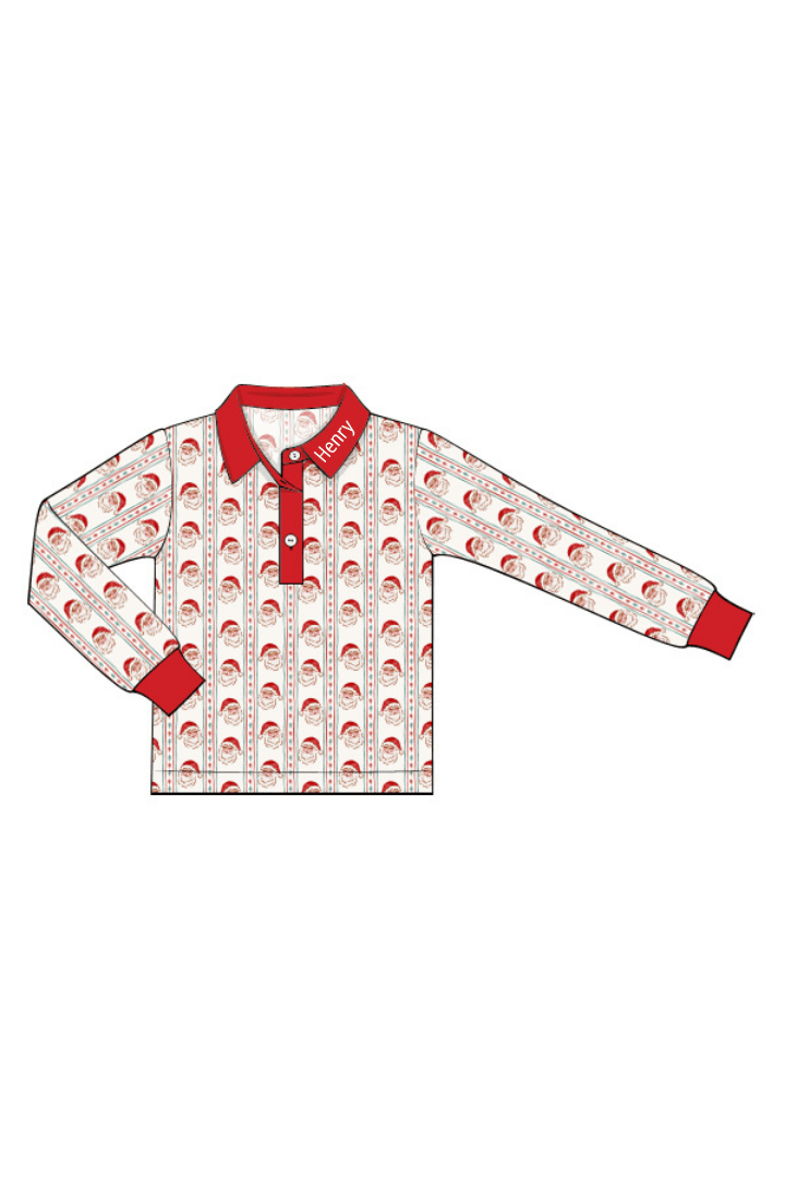 The Smocked Flamingo Apparel & Accessories Holly Jolly Santa Long Sleeve Polo Shirt