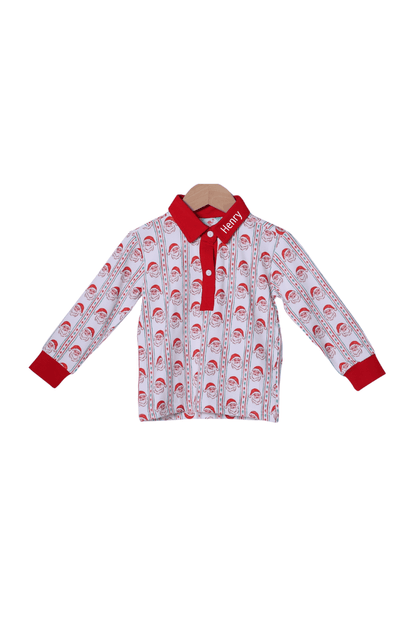 The Smocked Flamingo Apparel & Accessories Holly Jolly Santa Long Sleeve Polo Shirt