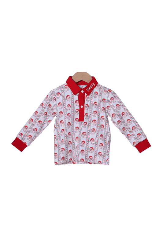 The Smocked Flamingo Apparel & Accessories Holly Jolly Santa Long Sleeve Polo Shirt