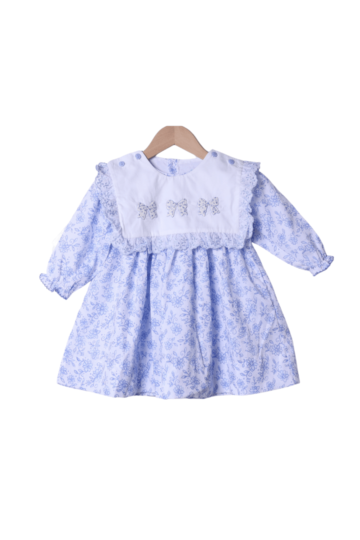 The Smocked Flamingo Apparel & Accessories Interchangeable French Knot Turkey, Nutcracker, Bow Blue Floral Dress
