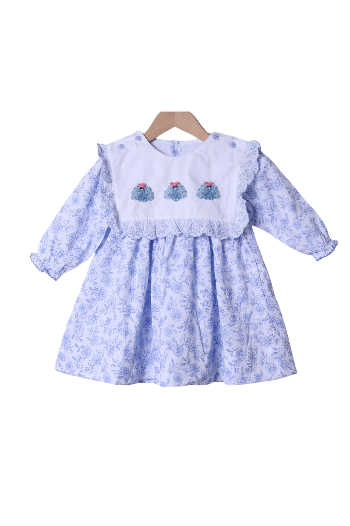 The Smocked Flamingo Apparel & Accessories Interchangeable French Knot Turkey, Nutcracker, Bow Blue Floral Dress