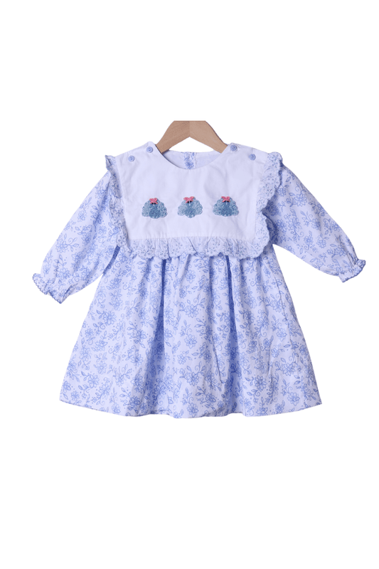 The Smocked Flamingo Apparel & Accessories Interchangeable French Knot Turkey, Nutcracker, Bow Blue Floral Dress
