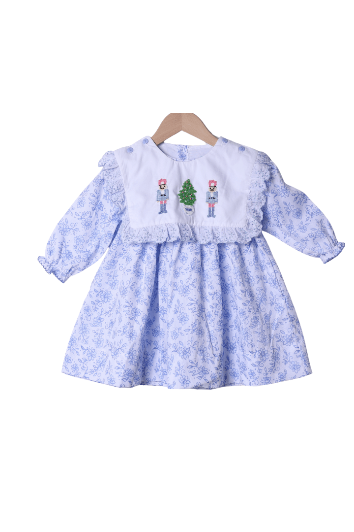 The Smocked Flamingo Apparel & Accessories Interchangeable French Knot Turkey, Nutcracker, Bow Blue Floral Dress