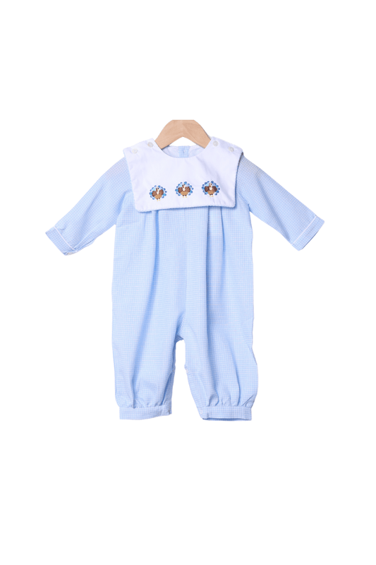 The Smocked Flamingo Apparel & Accessories Interchangeable Turkey/Santa Blue Windowpane Romper