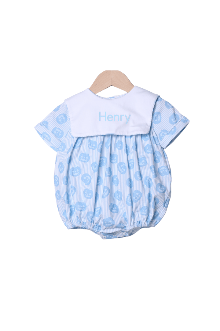 The Smocked Flamingo Apparel & Accessories Jack O Lantern Blue Bib Bubble