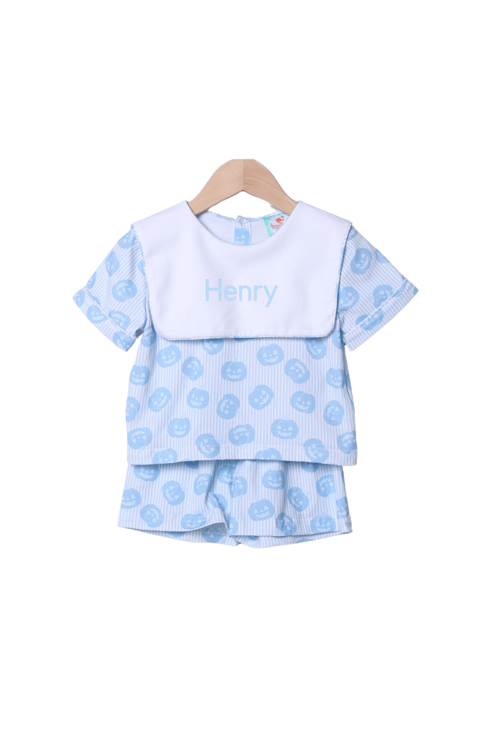 The Smocked Flamingo Apparel & Accessories Jack O Lantern Blue Bib Short Set