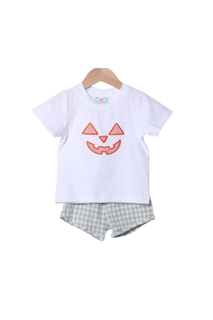 The Smocked Flamingo Apparel & Accessories Jack O Lantern Green Seersucker Short Set