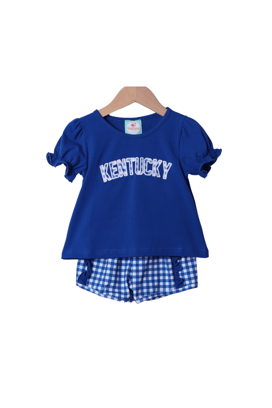 The Smocked Flamingo Apparel & Accessories Kentucky Blue Gingham Knit Ruffle Short Set