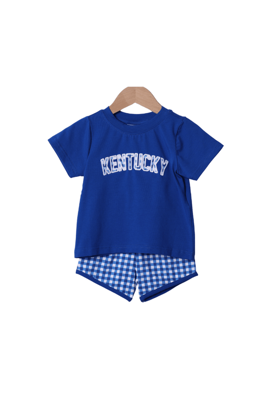 The Smocked Flamingo Apparel & Accessories Kentucky Blue Gingham Knit Short Set