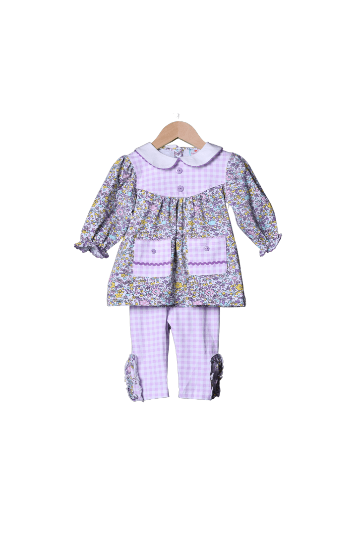 The Smocked Flamingo Apparel & Accessories Lavender Floral Gingham Knit Swing Top Set