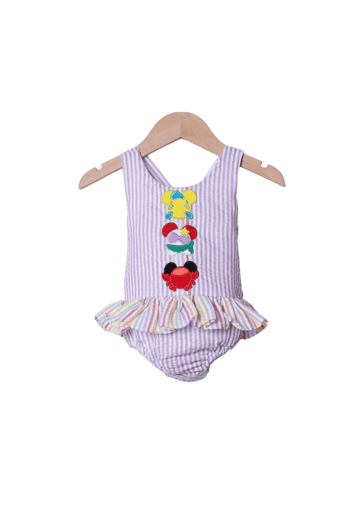 The Smocked Flamingo Apparel & Accessories Lavender Stripe Mouse Friends Swimsuit