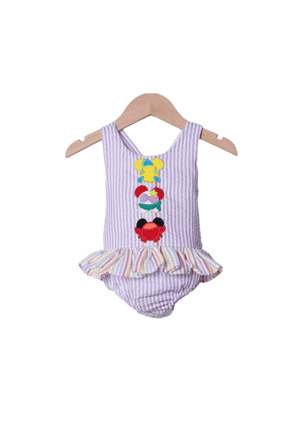 The Smocked Flamingo Apparel & Accessories Lavender Stripe Mouse Friends Swimsuit