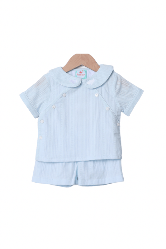 The Smocked Flamingo Apparel & Accessories Light Blue Linen Bunny Collar Short Set