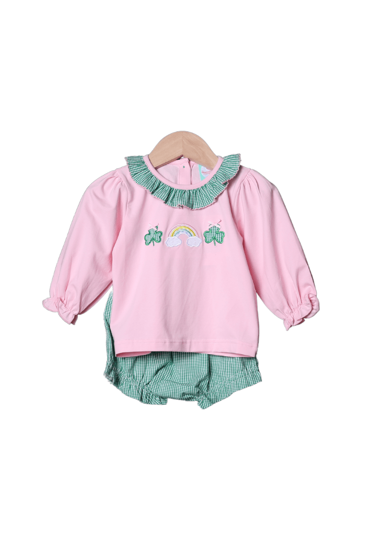 The Smocked Flamingo Apparel & Accessories Lucky Charm Applique Pink Knit Bloomer Set