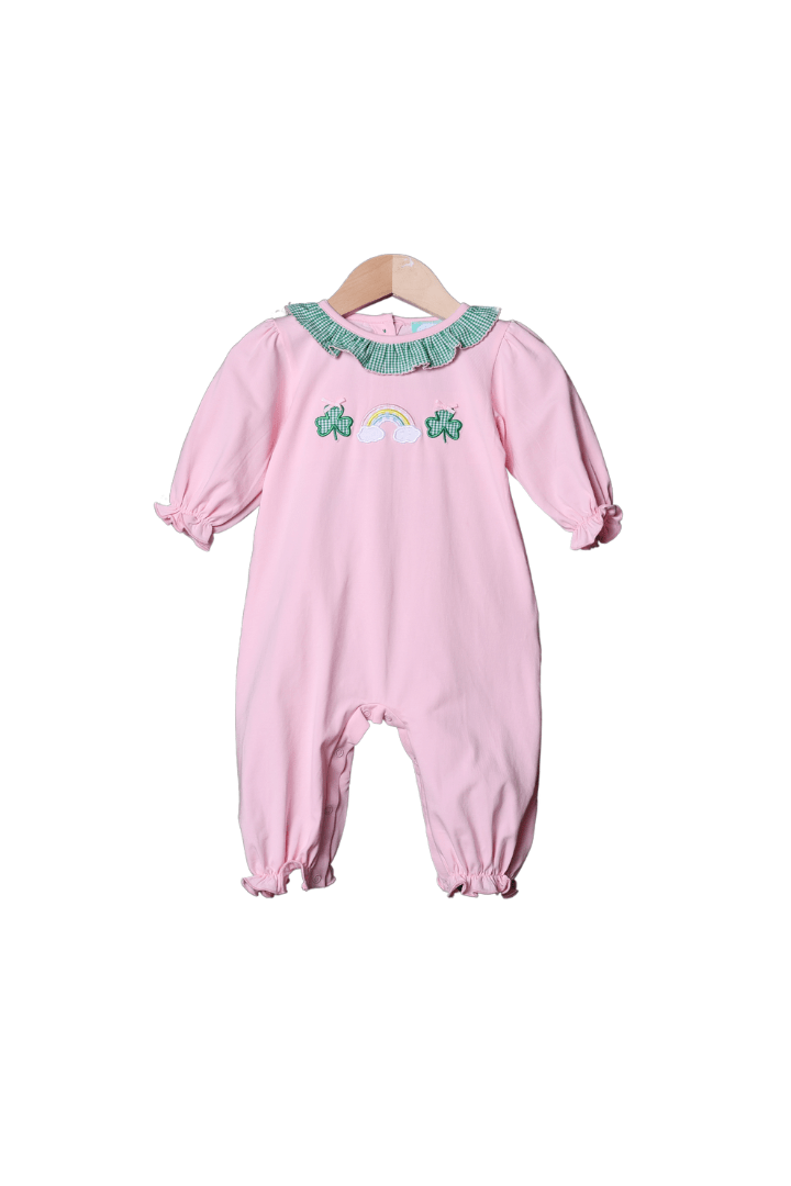 The Smocked Flamingo Apparel & Accessories Lucky Charm Applique Pink Knit Romper