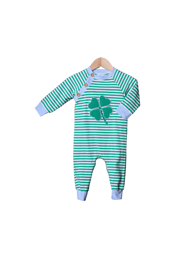 The Smocked Flamingo Apparel & Accessories Lucky Clover Applique Green Stripe Romper