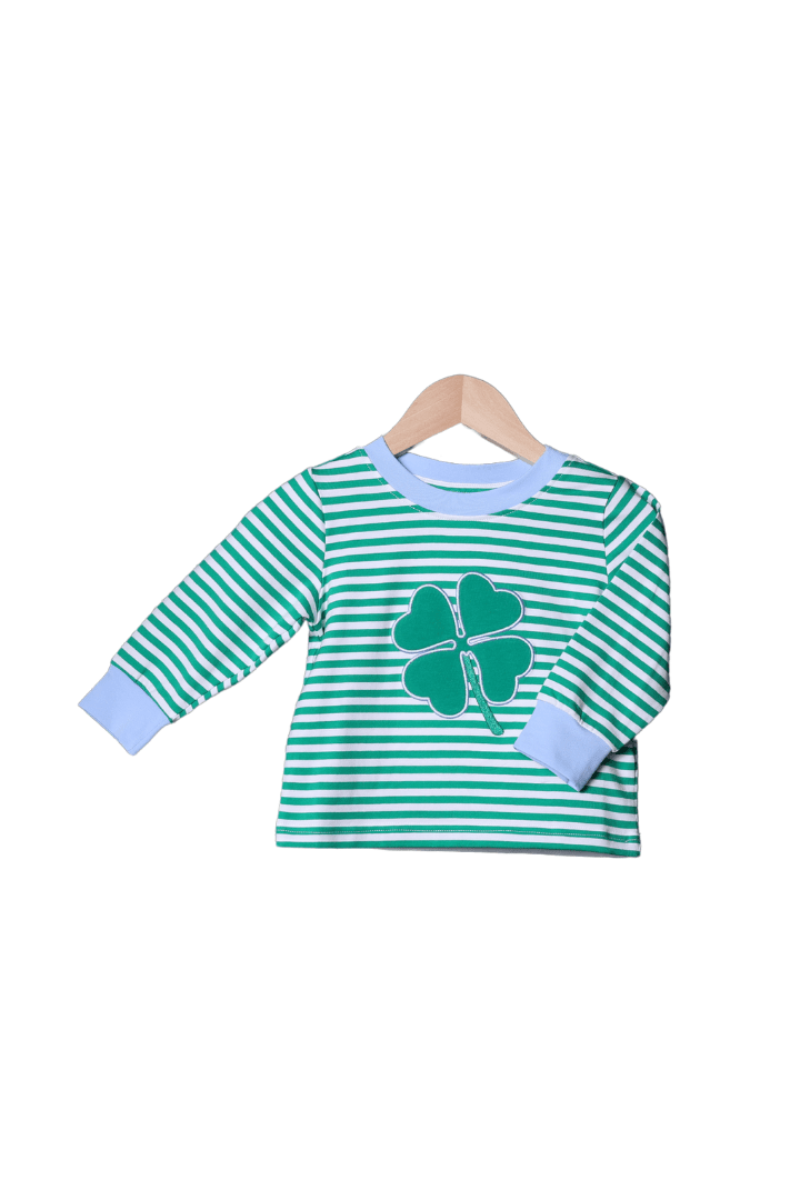 The Smocked Flamingo Apparel & Accessories Lucky Clover Applique Green Stripe Shirt