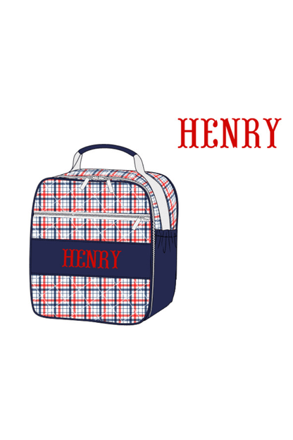 The Smocked Flamingo Apparel & Accessories Lunch Box Pre-Order Custom Name Blue and Red Plaid Luggage