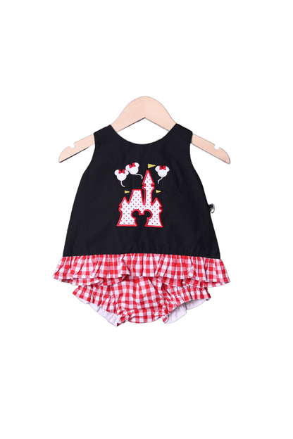 The Smocked Flamingo Apparel & Accessories Magical Castle Applique Black/Red Gingham Bow Bloomer Set