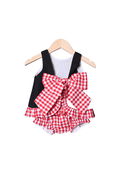 The Smocked Flamingo Apparel & Accessories Magical Castle Applique Black/Red Gingham Bow Bloomer Set