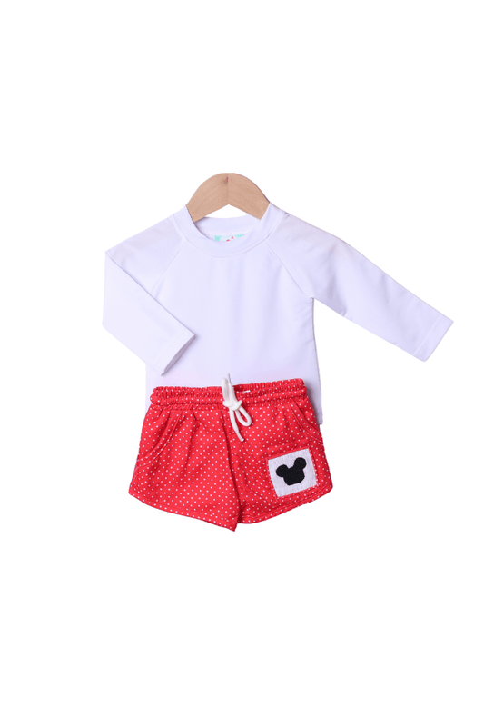 The Smocked Flamingo Apparel & Accessories Mouse Red Bitty Dot Swim Trunks and Rash Guard
