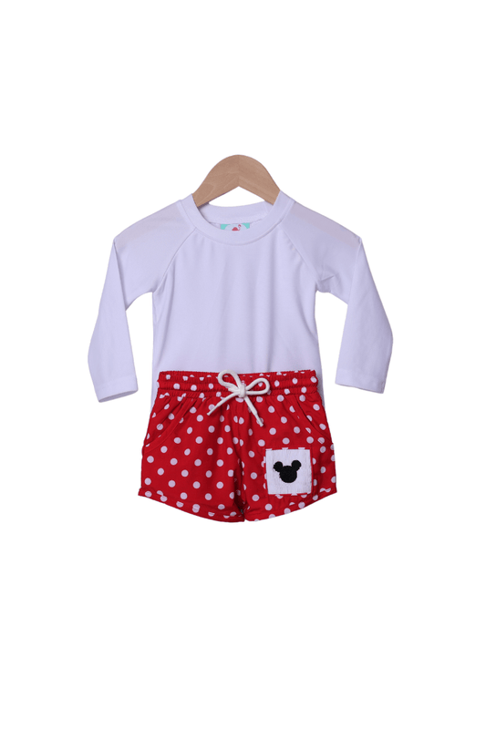 The Smocked Flamingo Apparel & Accessories Mouse Red Dot Swim Trunks and Rash Guard