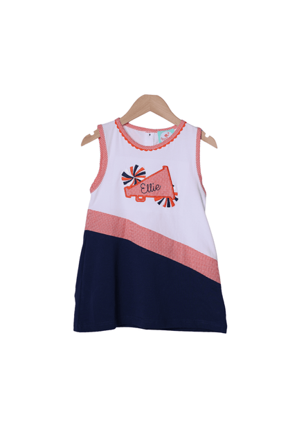 The Smocked Flamingo Apparel & Accessories Navy and Orange Embroidered Cheer Dress