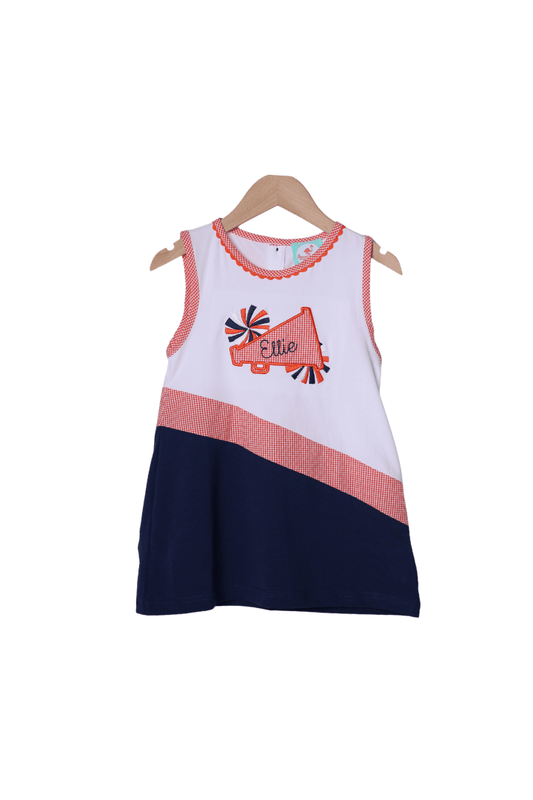 The Smocked Flamingo Apparel & Accessories Navy and Orange Embroidered Cheer Dress