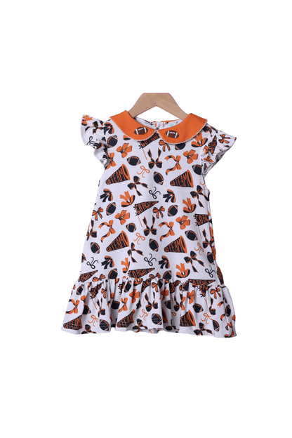 The Smocked Flamingo Apparel & Accessories Navy and Orange French Knot Football Dress
