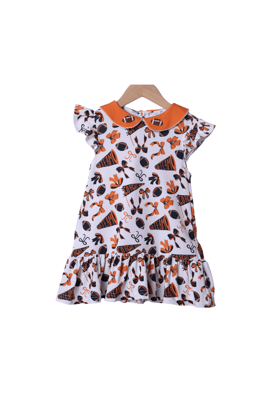 The Smocked Flamingo Apparel & Accessories Navy and Orange French Knot Football Dress