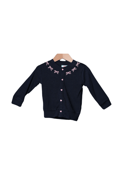 The Smocked Flamingo Apparel & Accessories Navy and Pin Bow Cardigan