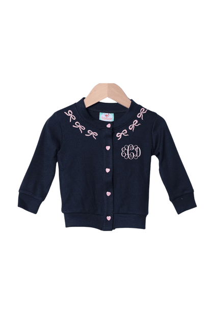The Smocked Flamingo Apparel & Accessories Navy and Pink Bow Cardigan