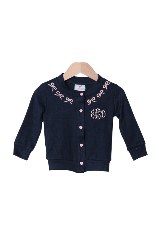 The Smocked Flamingo Apparel & Accessories Navy and Pink Bow Cardigan