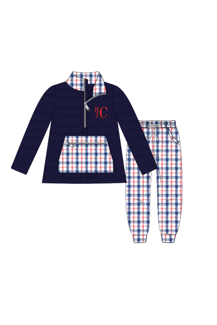 The Smocked Flamingo Apparel & Accessories Navy and Red Plaid Fleece Pullover Jogger Set