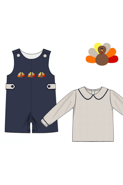 The Smocked Flamingo Apparel & Accessories Navy Corduroy Turkey JonJon Set