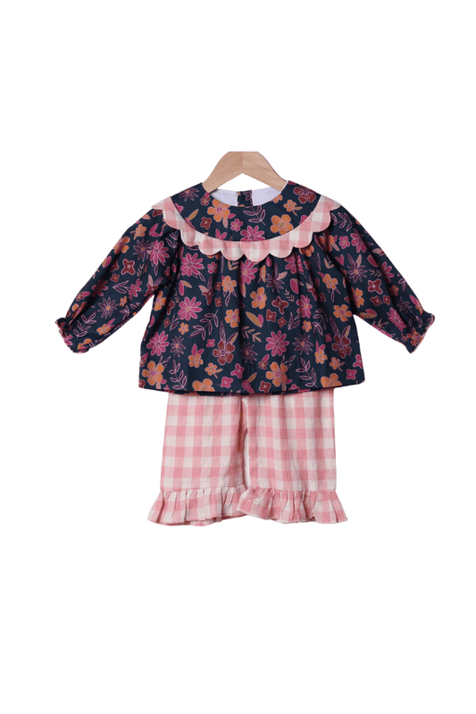 The Smocked Flamingo Apparel & Accessories Navy Fall Floral Scalloped Pant Set