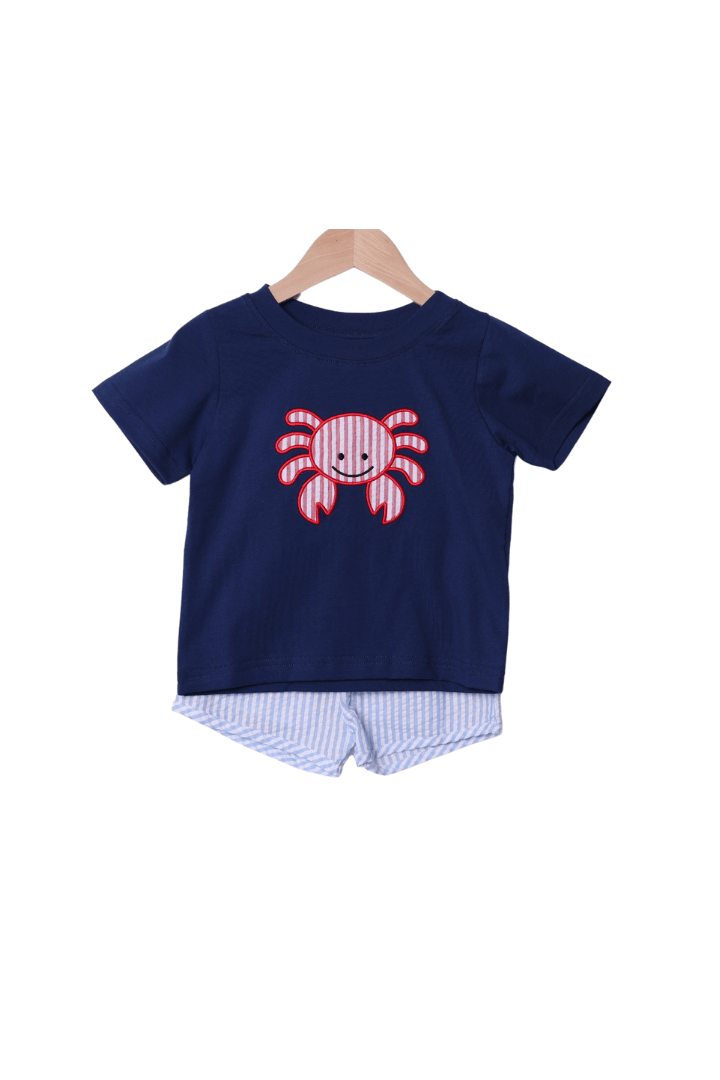 The Smocked Flamingo Apparel & Accessories Navy Seersucker Crab Applique Short Set