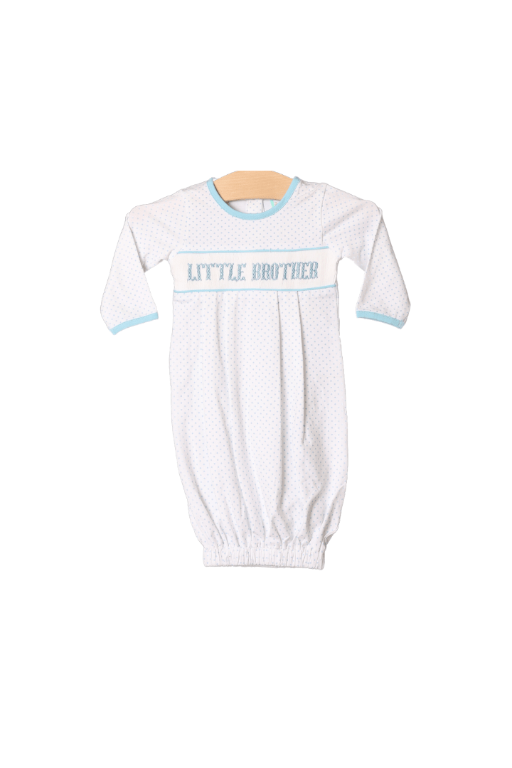 The Smocked Flamingo Apparel & Accessories Newborn Smocked Little Brother Blue Bitty Dot Gown