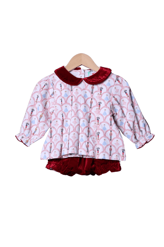 The Smocked Flamingo Apparel & Accessories Nutcracker Knit and Red Velvet Bloomer Set